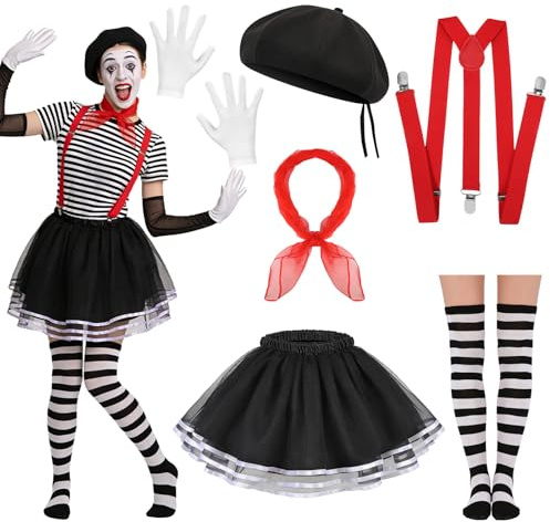 Beipegin 6 Pezzi Costume Mimo Donna, Costume Circo Donna, Tutu e Cappello Sciarpa Guanti Bianchi Calze al Ginocchio Bretelle per Carnevale Halloween
