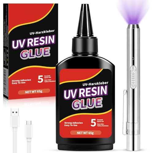 KOHRIUK 65 g UV-lim, UV-hartskit med lampa, snabb härdning i 5 sekunder transparent UV-harts för smycken, plast- och glasreparation, DIY och hantverk