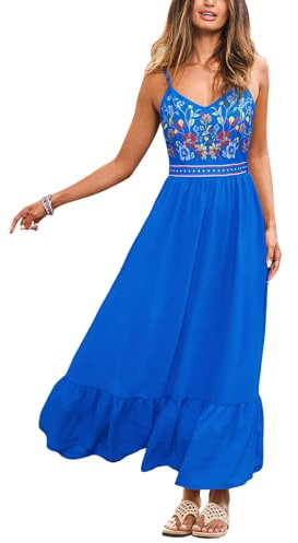 CUPSHE - Abito estivo da donna, lungo, stile bohémien, con spalline sottili, scollo a V, senza maniche, floreale, con nodo, svasato, per la spiaggia, Blu, floreale, S