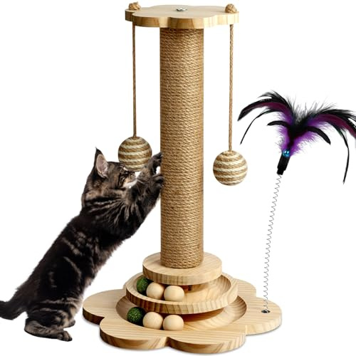 Vicloon Cat Scratching Post with Natural Sisal, Sturdy Cat Scratcher for Indoor Smaller Cats, Cat Toys with Scratching Posts Track Ball Spring Feather, Easy Assembly, Space-Saving Design (40cm Tall)