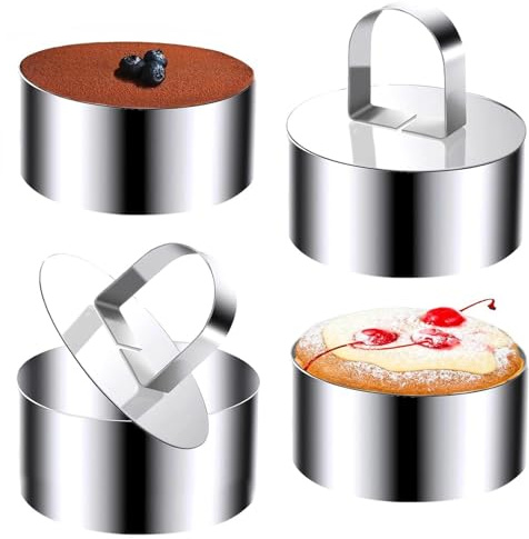 Sikweny 4 Piezas Aros Emplatar Acero Inoxidable, Moldes Cocina con Putter Moldes Tartar Circular, Anillos de Postre Reutilizable para Mousse Tartas Pasteles Glaseados (8 CM)