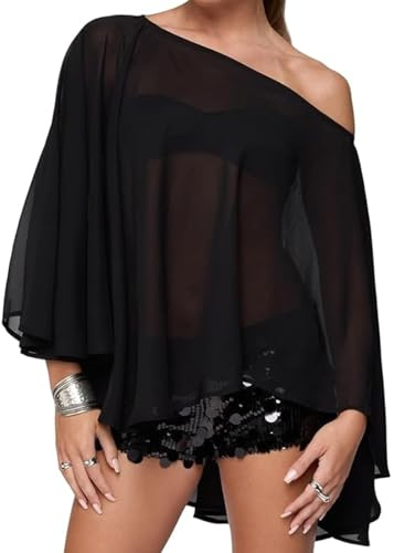 BABWWNIX Women's Y2k Lightweight Poncho Top Sheer See Through Shawl Shrug Top Sexy Chiffon Mesh Cape Cover Ups Flowy Shirt (Black, S)