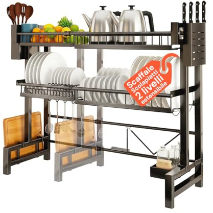 Avilia - Scolapiatti Cucina Espandibile 2 Livelli in Metallo con Accessori, Organizer per Lavello e Piano di Lavoro Regolabile 58-96 cm, con Porta Coltelli e Ganci, Ideale come Scaffale Salvaspazio