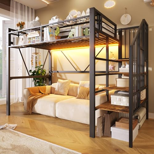 DHHU Lit Mezzanine Métal Noir 90x200 cm avec Escalier Rangement, Étagères Grillagées, Espace sous Lit Bureau, LED Intégrée, Structure Renforcée 120kg, Lit Gain de Place sans Matelas