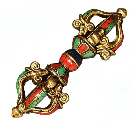 Luocute Vajra Mortel Hänge med Röd Grön Blå Inläggsdekor (Färgrik) | 5-tands Sticks Ornament, Solid Messing Vintage Artefakt för Hemskrivbord Display Meditationsrum