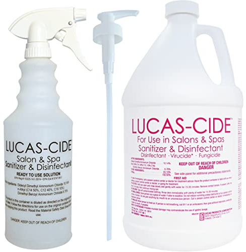 LUCAS-CIDE Salon and Spa Disinfectant 1 Gallon (Pink) Bundle with Pump & Leak Proof Empty Spray Bottle (32 Oz.)