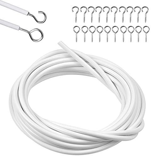 Alambre de cortina de 10 m, cable colgante, juego de instalación, cortina blanca, cable de alambre con 20 ganchos para barras de cortina, sistema de cuerda para barras de malla