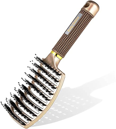 Brosse à Cheveux en Poils de Sanglier - Démêlante Incurvée et Ventilée pour Femmes, Cheveux Longs, Épais, Fins, Bouclés et Emmêlés (Dorée)