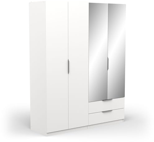 Armoire Dressing avec Miroirs & Penderie Moderne 4 Portes 5 Etagères 2 Tiroirs – Coloris Blanc Mat - 157,3 x 51,1 x 203 cm