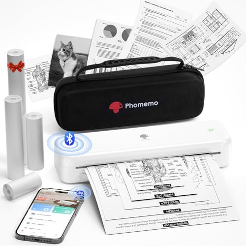 Phomemo M834 Thermal Printer, Portable Printers A4 Compatible with Phone & Laptop, Bluetooth Inkless Printer for Home Use, Mobile Printers Includes Carry Bag and 4 Rolls of Thermal Disposables, White