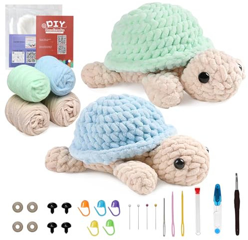 DEMIUKO Häkeln für Anfänger Tiere Häkelset 2 Stück Schildkröte Strickset für Erwachsene Kinder Stricken Set für Geschenk Crochet Kit mit Video Anleitung Häkelnadel Garn DIY Häkel Zubehör Bastelset