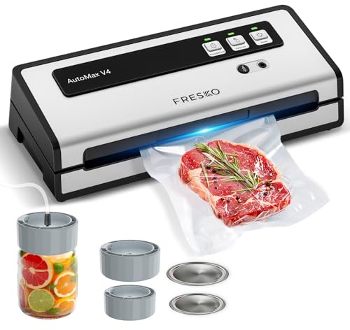 FRESKO Macchina Sottovuoto Alimenti Automatica, 140W con Doppia Sigillatura a Caldo, Modalità Secco/Umido,Include 10 Sacchetti Pre-tagliati e 4 Kit sigillatore Mason Jar
