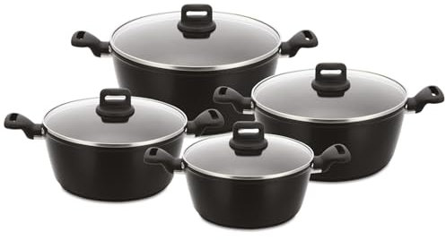 GRACE KITCHEN Cookware - Forged Aluminium Stock Pot Set with Non Stick Ceramic Coating 4PC Set Cooking Pots Stackable Design, Tempered Glass LID with Steam Vent