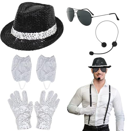 TUONYIS 5 Pezzi Accessori per Costume per Adulti,Guanti da Paillettes Cappello Microfoni da Sole Calzino di Paillettes,Accessori da Discoteca a Stella Rocciosa Degli per la Festa (Argento) (Argento)