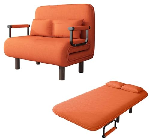 3-i-1 Konvertibel Bäddsoff Bomulls- och Linnetyg Gästsäng Hopfällbar Justerbart Ryggstöd med 5 Lägen Ergonomi Ben i Massivt Trä Vardagsrumssoffa med Fällbara Stödben(Orange,190 * 65 * 28cm)