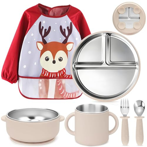 Set di stoviglie per bambini in acciaio inox con ventosa, 6 piatti in acciaio inox, con bicchiere per latte, bavaglino con maniche, cucchiaio per bambini, forchetta, ciotola con ventosa, a prova di