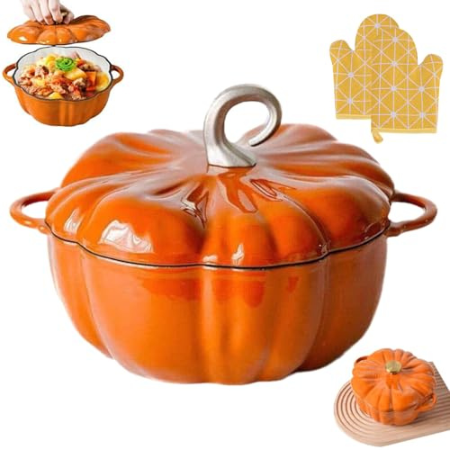 Pumpkin Dutch Oven Pot with Lid, Enameled Cast Iron Pumpkin Dutch Ovens, for Fall Thanksgiving Decor, for All Stovetops (20cm-2)