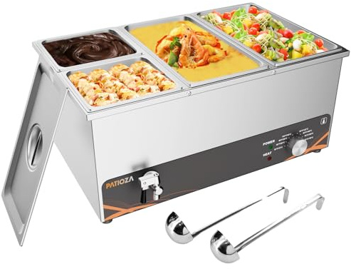 PATIOZA Commercial Bain Marie 4 Pan Food Warmer,1500W Stainless Steel Electric Buffet Server with Drain Tap & Soup Spoons Temperature Control 30-85°C for Parties and Catering