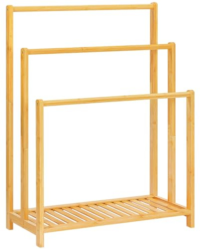 HOOBRO Toallero de Baño de Pie, Toallero en Escalera de 3 Niveles, Estantería para Alfombras de Bambú, Estante para Mantas con Repisa Inferior, para Dormitorio o Baño, Bambú Natural EYL06LB01