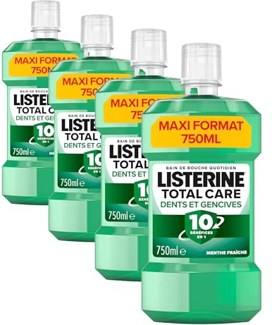 Listerine – Bain de Bouche Total Care Dents et Gencives (bouteille de 750 ml) – Soin bucco-dentaire quotidien 10 bénéfices en 1 – Bain de bouche pour une haleine fraîche durable (Lot de 4)