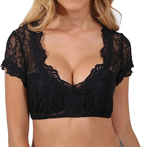 Générique Blouse Bavaroise Femme Dentelle Noire, Col Rond Manches Longues, Haut Élégant pour Oktoberfest, Fêtes Traditionnelles et Célébrations en Famille