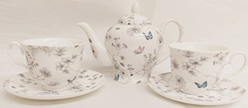 Secret Garden Tea Set for Two Fine Bone China Hand Decorated in The UK Flowers Butterflies and Bees Tea Set 1 Teapot 2 Cups & 2 Saucer Free UK Delivery