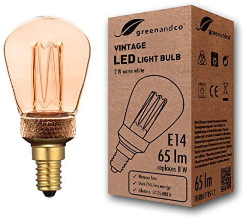 greenandco Vintage Design LED Birne zur Stimmungsbeleuchtung | E14 ST45 | gold | 2W 65lm | 1800K extra warmweiß | 320° | 230V | flimmerfrei | nicht dimmbar | Edison Glühbirne