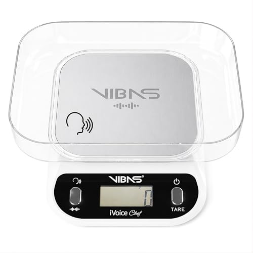 Bilancia da Cucina Parlante VIBAS iVoice Chef con Ciotola, per Non Vedenti e Anziani, 5 Lingue, Ausili Sonori, Ripetizione Peso, Volume Regolabile, Portata 10 kg/22lb, Batterie Incluse