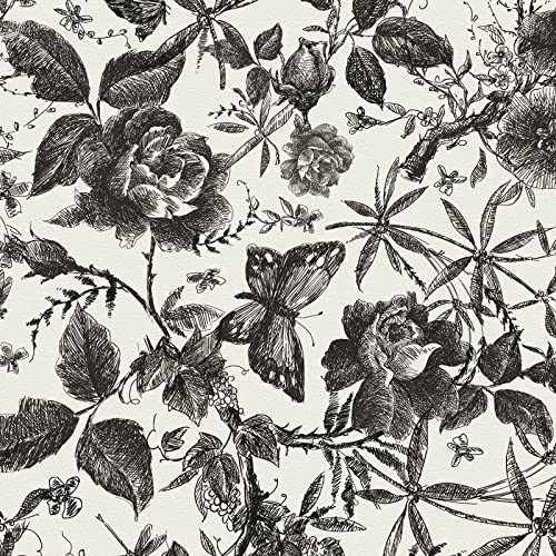 JiffDiff Floral Vintage Wallpaper Peel and Stick Wall Stick Black Rose Removable Vinyl Wall Paper Sketch Floral Decor 15.75in x 118in