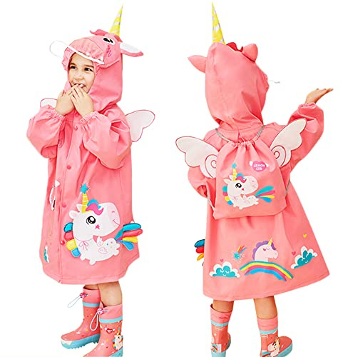 Kids Raincoat Boys Girls Rain Poncho Waterpoof Jacket Toddler Cartoon Rainwear Reusable Rain Suit with Portable Bag for 4-6 Years