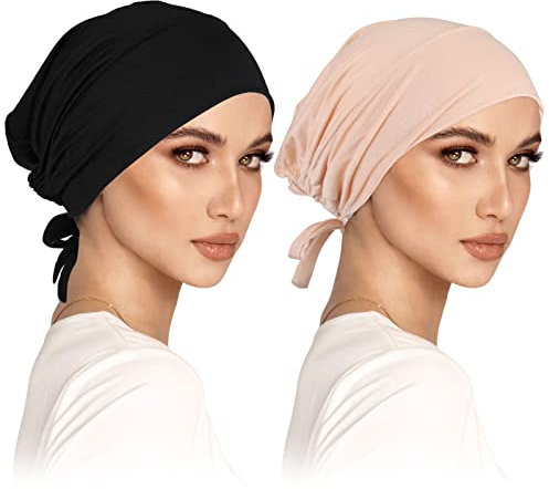 2er Pack Kopftuch Damen Hijab Undercap Hijab Cap Hijab Kopftuch Klassische Slouch Beanie Mütze Islamische Muslimische mit Tie Back Solid Color Hijab Mütze Kopfbedeckung Chemo Kopftuch Schlafmütze