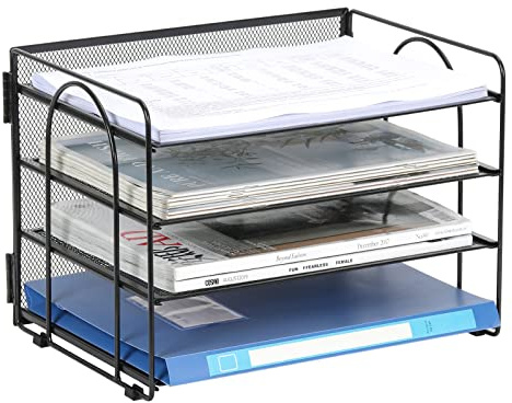 EasyPAG 4 Niveles Metal Malla A4 Bandeja Oficina Organizador Documentos Almacenamiento Papeles Soporte Archivador Clasificador Escritorio Estante Carta,Negro