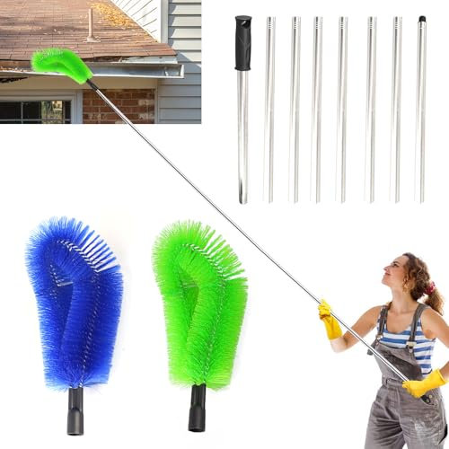 Telescopic Gutter Cleaning Tools - 317CM 8 Pole Extendable Gutter Cleaning Brush, 10.4Ft Roof Gutter Cleaner Equipment, 2 Brish Head Cleaning Leaves Debris Window Gutter Spider Web