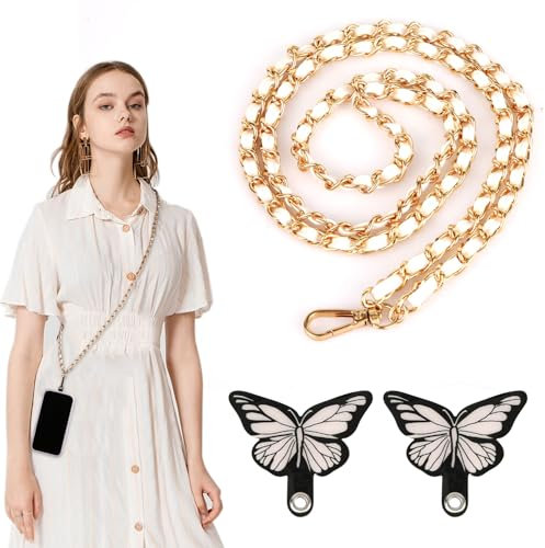 Universal Phone Lanyard, Metal Gold Mobile Phone Chain Crossbody Strap with 2pcs Butterfly Tether Tab Patch for Women Adjustable Cell Phone Accessories Part Supplies for iPhone and Smartphone (White)