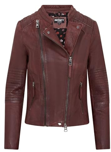 Infinity Leather Veste en Cuir de Motard Matelassée Classique Bordeaux Pour Femme