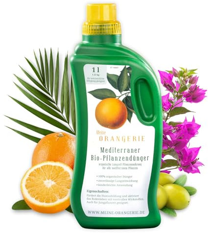 Meine Orangerie Bio-Veganer Flüssigdünger für alle mediterrane Pflanzen - ohne tierische Abfälle - BIO Zitrusdünger - Langzeit-Pflanzennahrung für Blüh- und Zitruspflanzen, Palmen und Olivenbäume