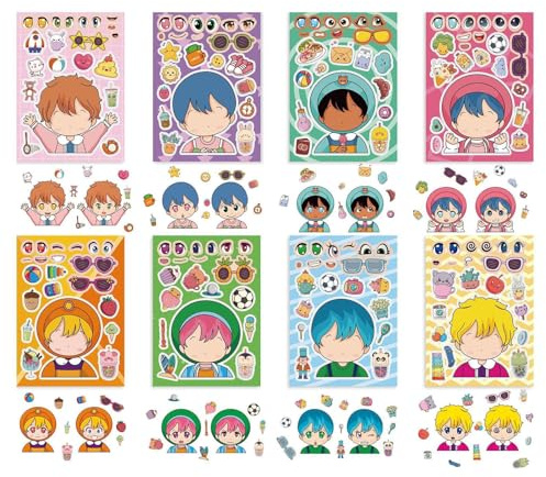 Vriusi Créez des autocollants pour le visage des, des autocollants de puzzle de dessins animés | Jeu de puzzle d'échange de visage de dessin animé de 16 feuilles - Autocollants créatifs pour le