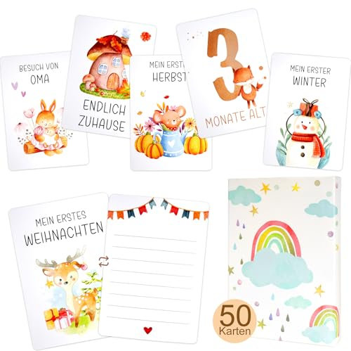 50 Meilensteinkarten Baby HXC DIN A6 Karten Boho Stil Meilensteinkarte Monatskarten Baby 1-12 Monate zur Geburt Babyparty Neugeborenen Geschenk für Mädchen Junge