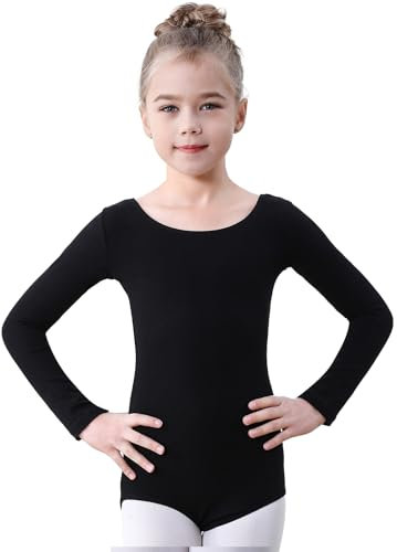 Soudittur Ballettanzug Mädchen Langarm, Kinder Ballett Trikot Baumwolle Ballett Body TanzBody Gymnastikanzug Turnanzug für Damen Größe 110-170 (Schwarz, 170)