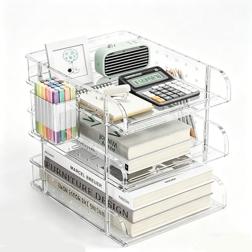 Organizador de escritorio de acrílico transparente, bandeja de cartas de varios niveles con soporte para bolígrafos, almacenamiento de oficina para documentos y suministros