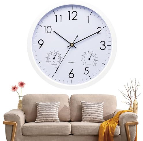 hurifeng Wanduhr mit Temperatur- und Feuchtigkeitsanzeige, 12 Zoll Quarzuhr für Wohnzimmer, Schlafzimmer, Küche, Bad - Schwarz/Weiß, Lautlos, Minimalistisch, Kunststoffgehäuse, Glasfront (Weiß)