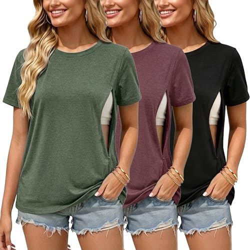 Love2Mi Set da 3/4 Magliette per Allattamento con Cerniera Nascosta, Apertura per l'Allattamento, T-Shirt Premaman per Donne Incinte, XXL