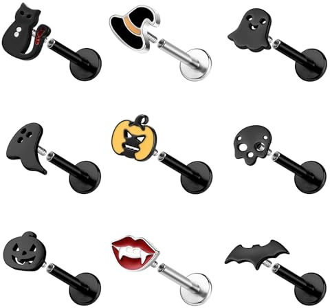 ZS 9 Piezas Piercings Labiales Acero Inoxidable, 16G Internally Threaded Piercing Labio Medusa Monroe Para Mujer Hombre Murciélago Fantasma Calavera (Negro,L:6mm)