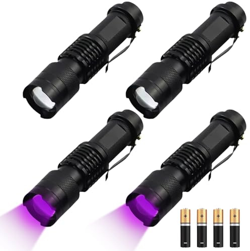 GAOUTO 4 linternas de luz negra UV, lámpara LED UV, luz ultravioleta mini, 395 nm, lámpara de luz negra, antorcha para examen de orina de mascotas, búsqueda de ámbar, geocaching control de billetes