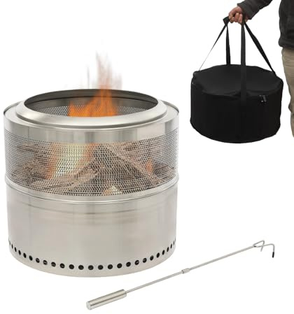 Mqwdxzfes Fällbar eldskål med bärväska, 50 cm rostfritt stål eldstad rökig med askfack och brandkrok, vikbar brandkorg för camping, picknick, terrass, trädgård