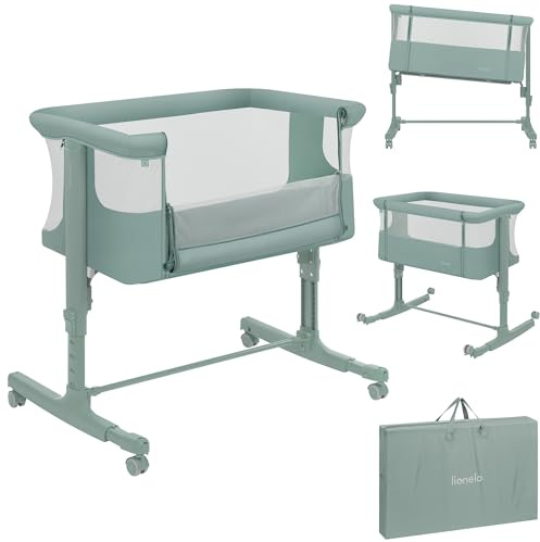 Lionelo Aurora 3-i-1 Babysäng upp till 9 kg – Sidosäng Co-Sleeper, Vagga | Fristående Spjälsäng med Höjdjustering, Lutningsfunktion, Meshpaneler, 4 Hjul med Broms, Madrass & Bärväska