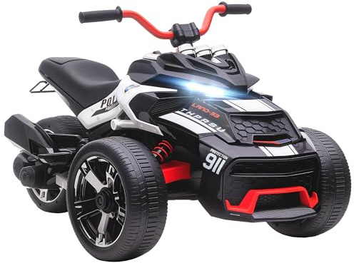 AIYAPLAY Quad Eléctrico para Niños 12V de 3-8 Años con 2 Motores, Velocidad hasta 5 km/h, 3 Ruedas, Sistema de Suspensión, Faros, Bocina, Música, USB, Negro y Blanco