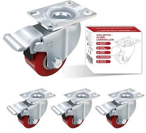 4 roulettes industrielles 50 mm Roulettes pour charges lourdes 1000 kg Plaque PU silencieuse Roulettes pivotantes avec frein Étrier en acier pour transport en usine Tramway Établi (2 pouces)