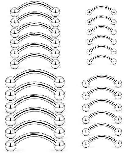 Hoeudjo Eyebrow Piercing Jewelry 16G Surgical Steel Curved Barbell with Ball Kit Tragus Ring Piercings Jewelry 24Pcs 6mm 8mm 10mm 12mm Silver-Tone