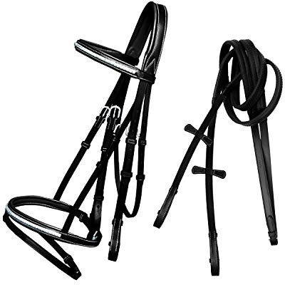 ExionPro Exion English Jumping Bridle with Flash – Anatomical Padded Crownpiece & SS Clincher Studded Browband – Premium Leather Horse Bridle with Contrast Stitching & Rubber Reins